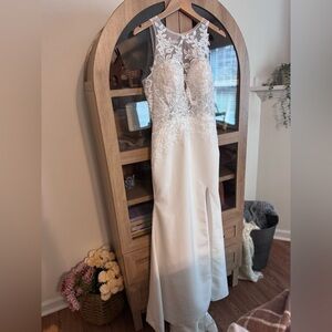 Ivory Lace Illusion Wedding Dress Size 8 Sheath Bridal Gown Train Buttons Back